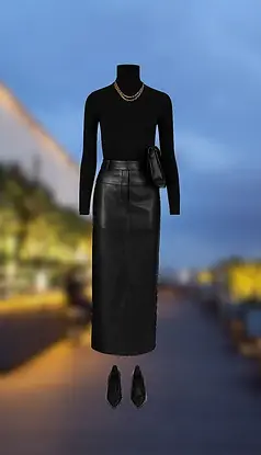 Autumn party outfit, black turtleneck, black leather skirt
