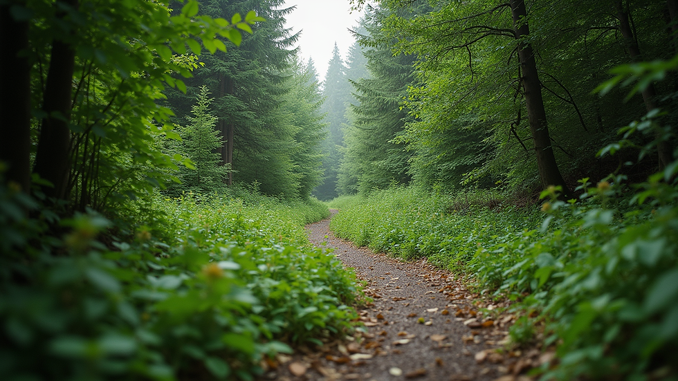 Wide angle view of a winding backcountry trail surrounded by lush greenery