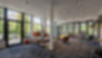 Modern collaborative workspace with large windows