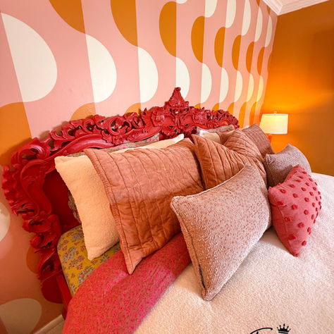 how to paint carved wood furniture - a bold red bed makeover by Traceys Fancy 1970s inspired room makeover with retro wallpaper and painted red bed
