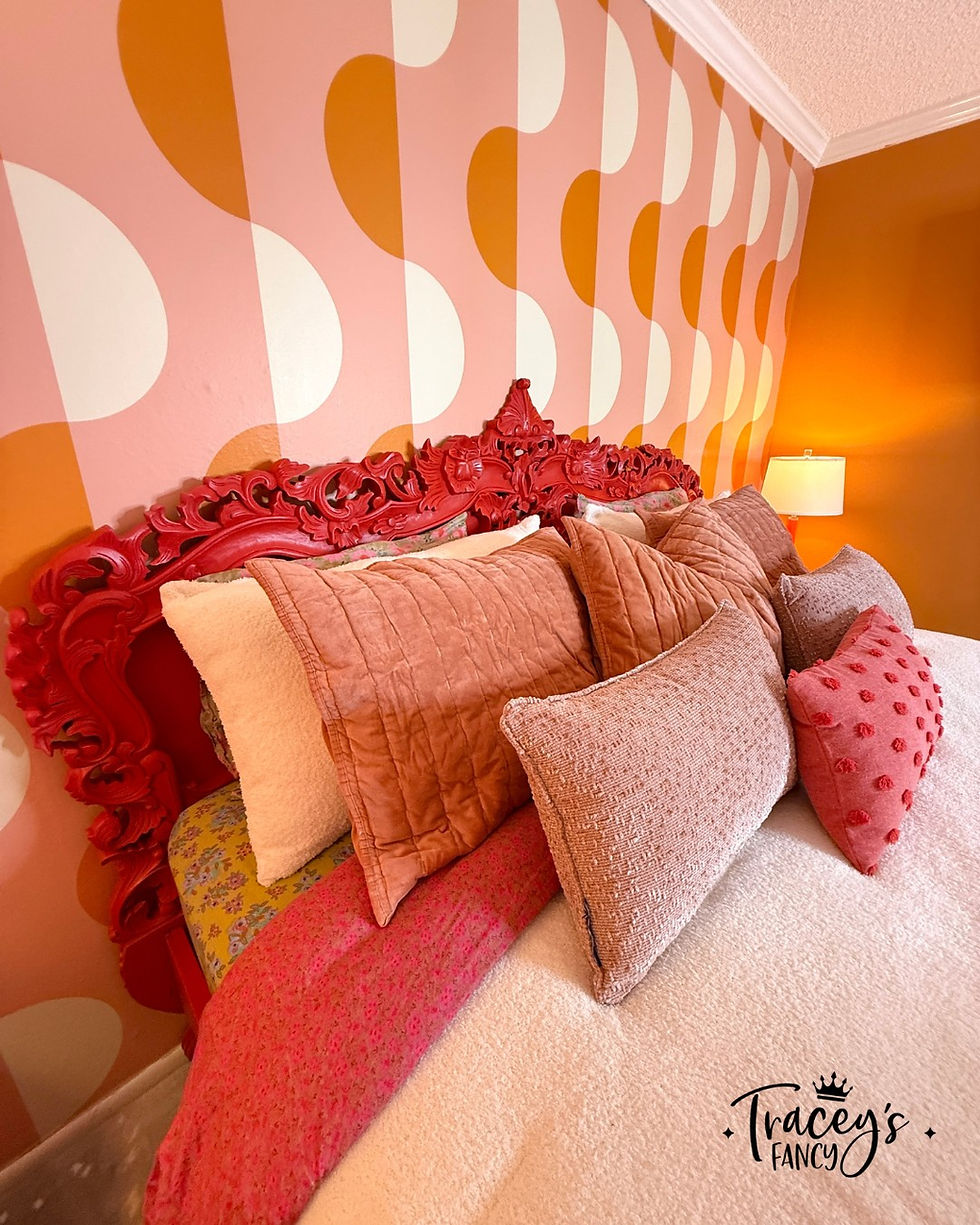 how to paint carved wood furniture - a bold red bed makeover by Traceys Fancy 1970s inspired room makeover with retro wallpaper and painted red bed