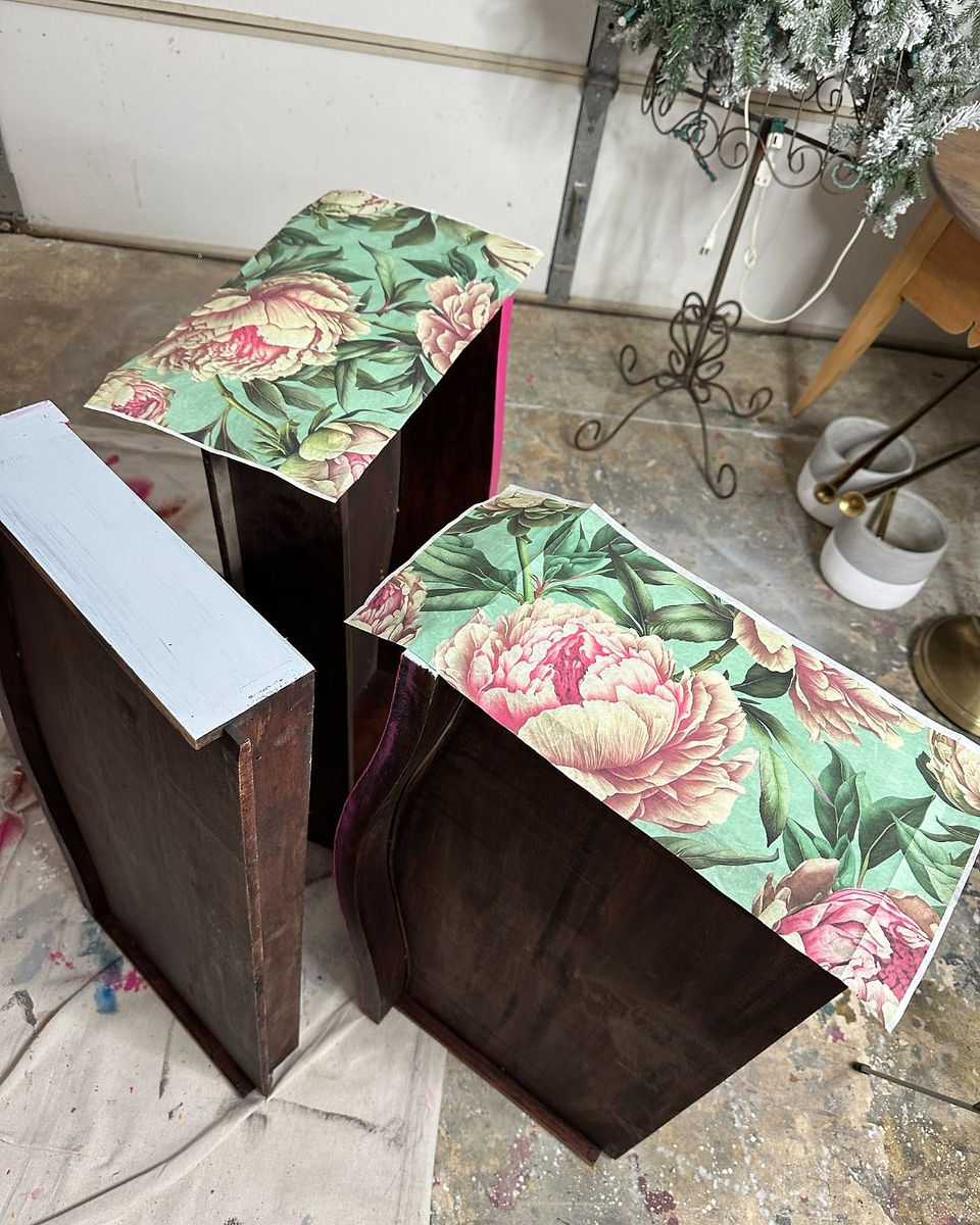 adding decoupage paper to sides of Bombay chest drawers