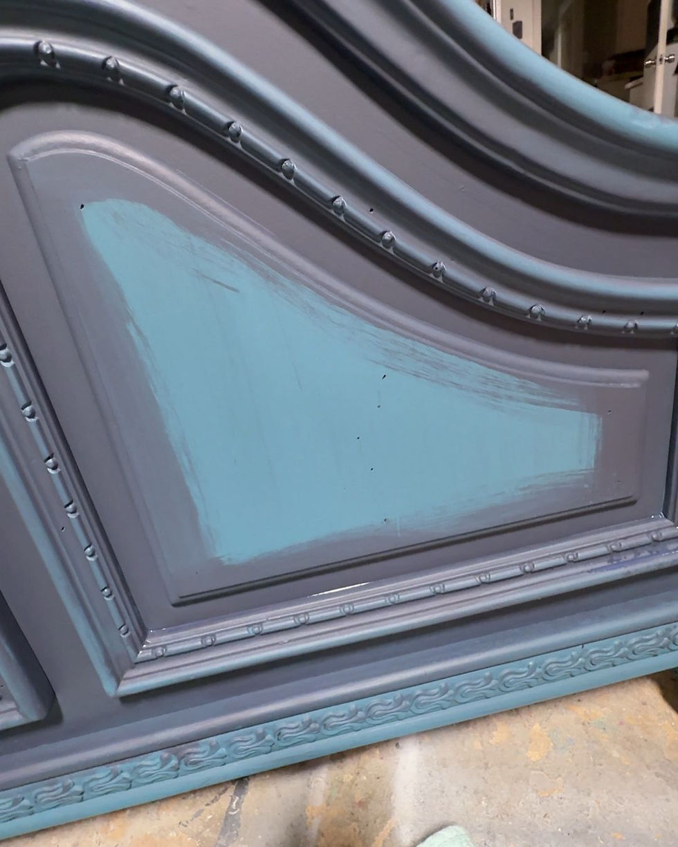 blue color blended chalk painted bed in process with two colors by Traceys Fancy