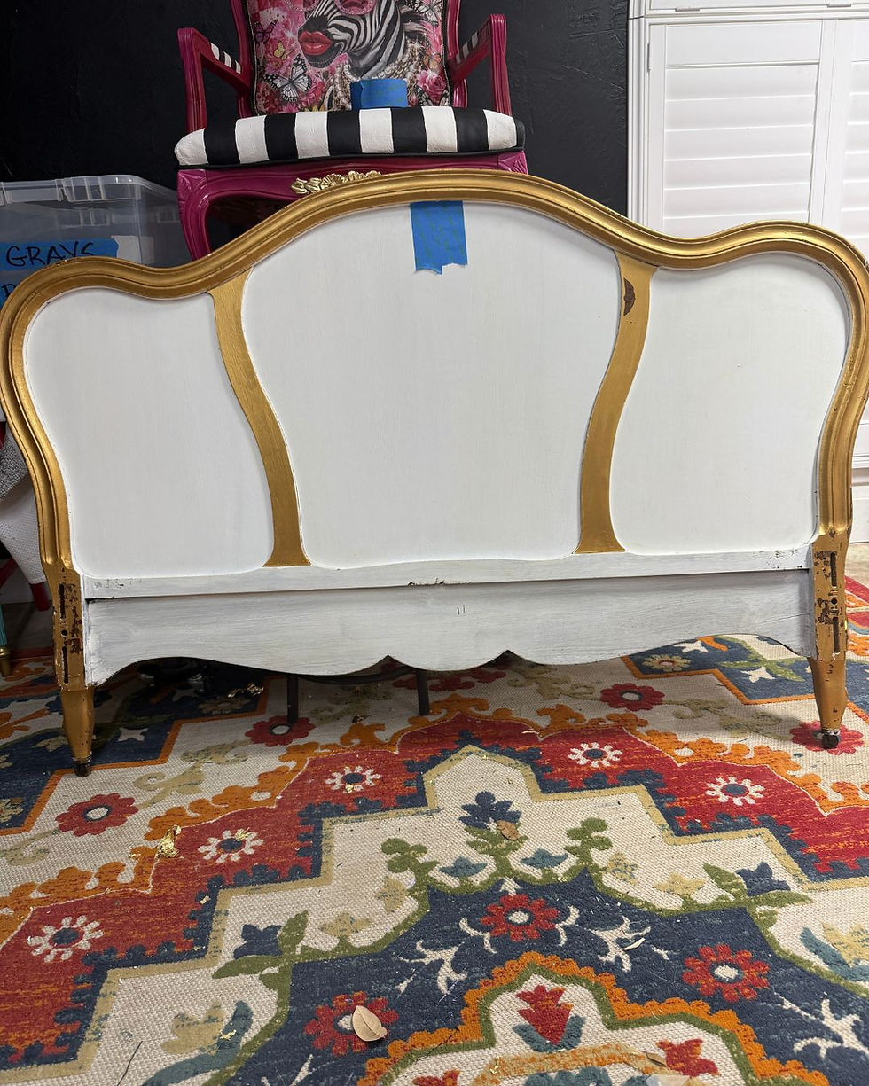 French Country Bed before pink painted stripe makeover by Traceys Fancy