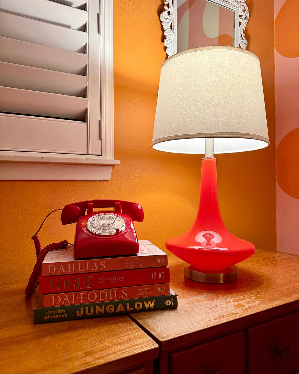Red retro phone in Retro Guest Room Makeover by Traceys Fancy