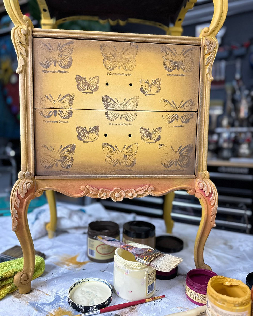 IOD butterfly stamps on mustard yellow color blended nightstand by Traceys Fancy