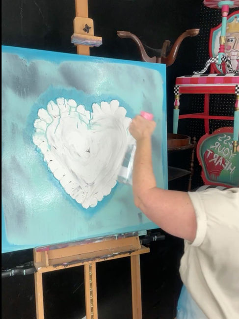 blue background paint on textured heart canvas art