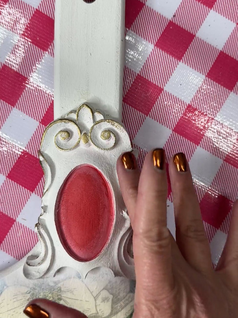applying gilding wax to rolling pin recipe holder by Traceys Fancy