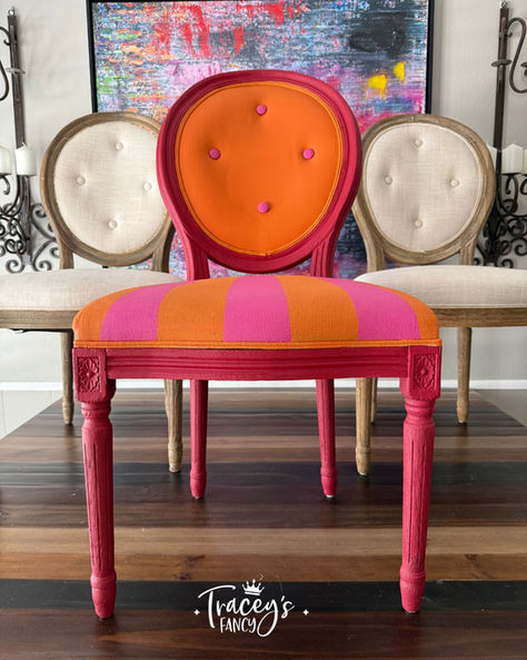 how to hand paint a pink and orange fabric chair with red wooden frame by Traceys Fancy