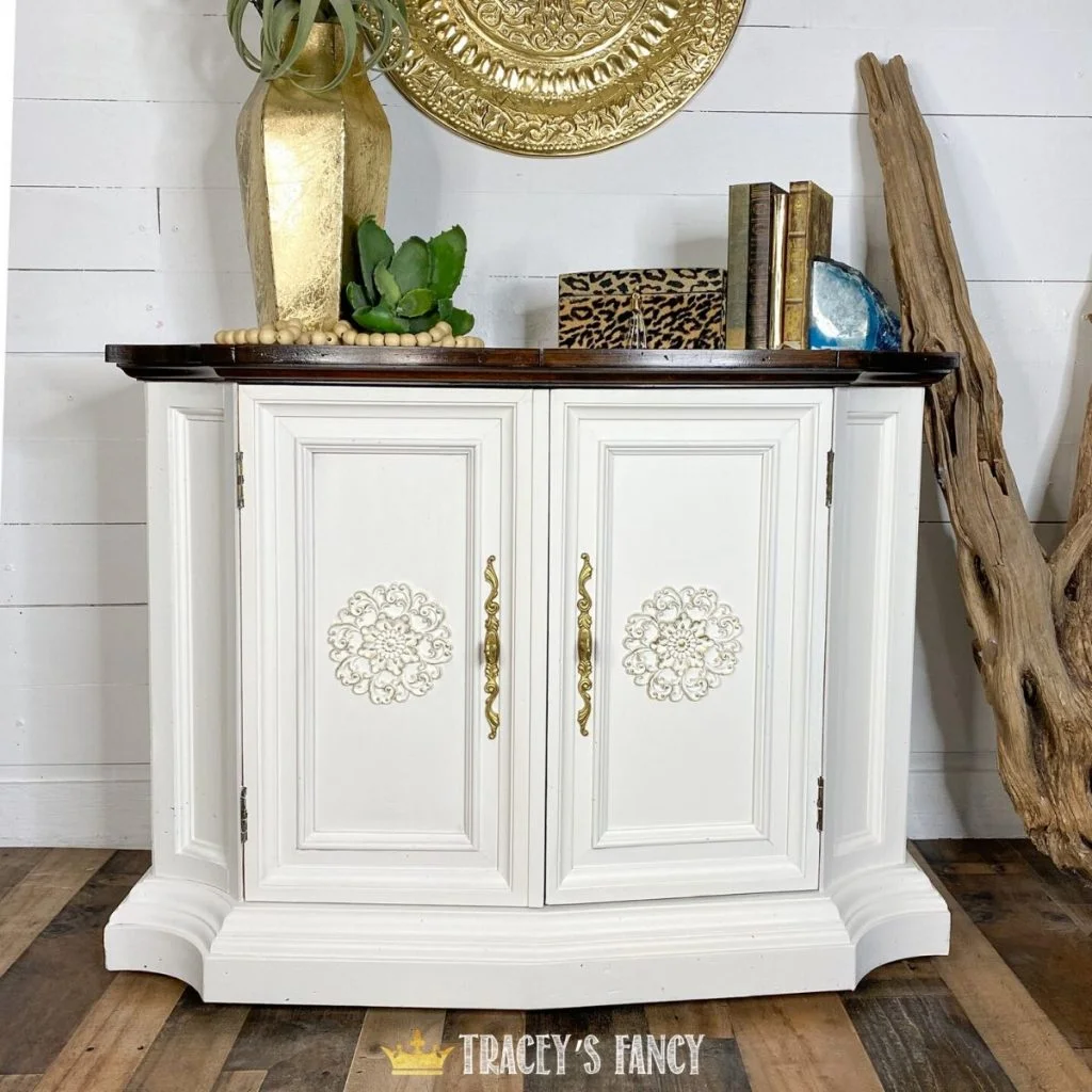 Painted White Cabinet with Faux Wood Grain by Traceys Fancy
