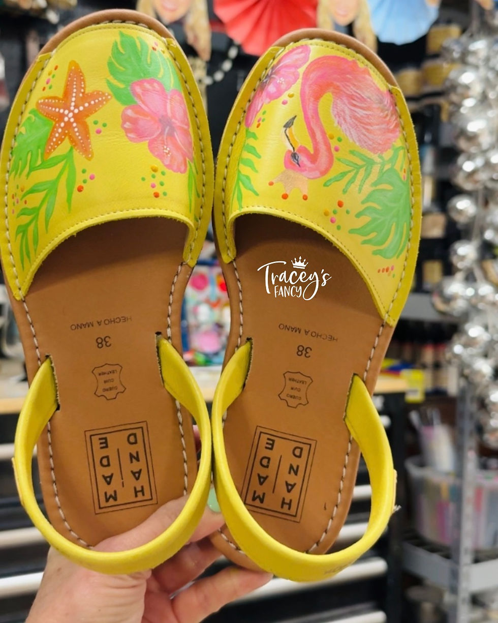 yellow tropical-themed painted leather shoes by Traceys Fancy