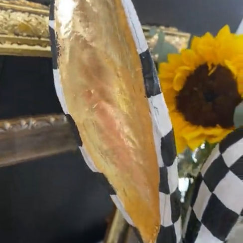 gold leaf ears on whimsical checkered bunny statue by Traceys Fancy