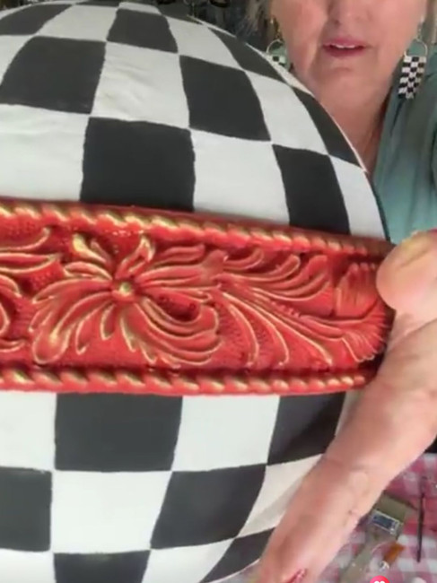 close up of red belt on Santa belly globe by Traceys Fancy