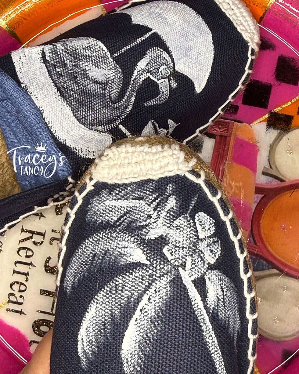 blue espadrilles with custom artwork primed in white by Traceys Fancy