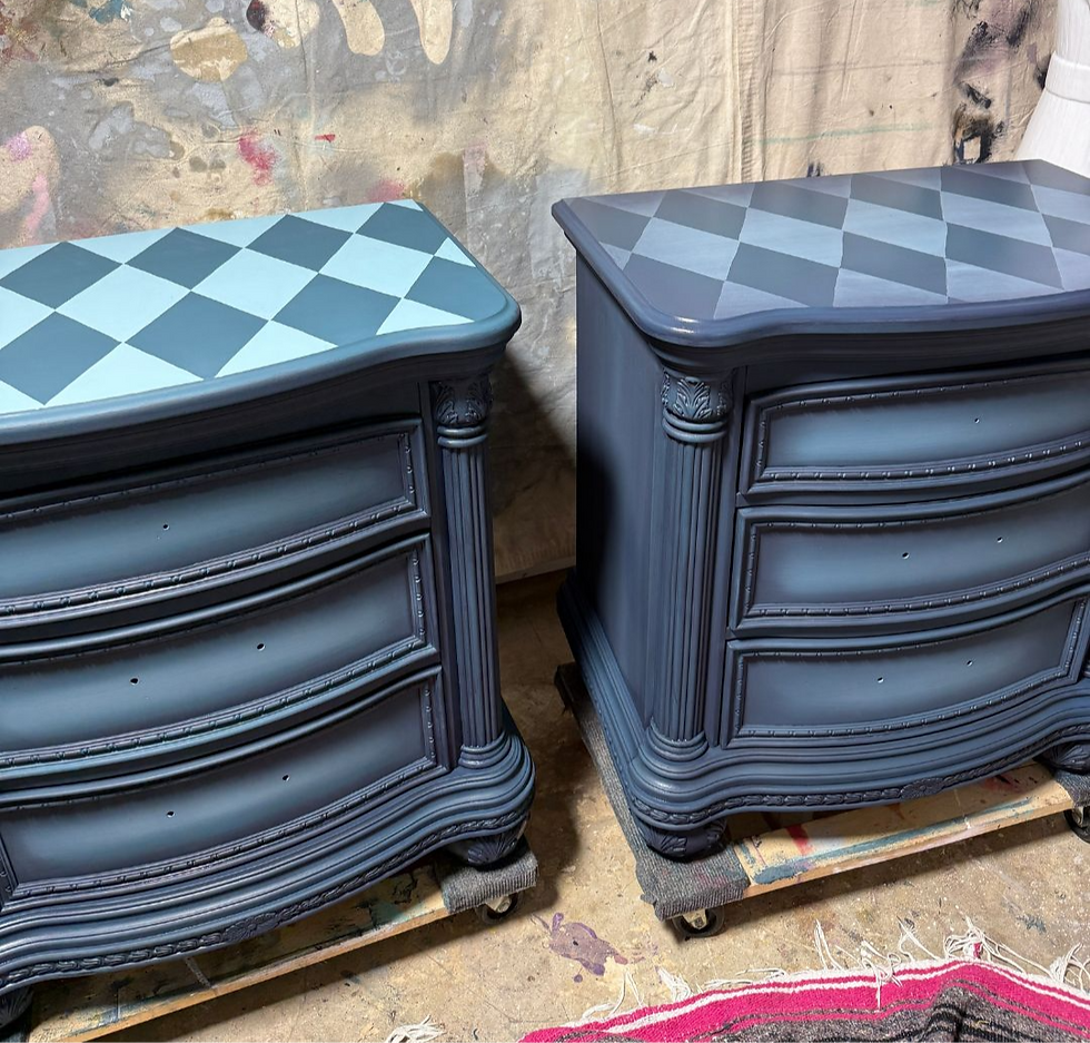 two painted nightstands with one having a light paint wash finish