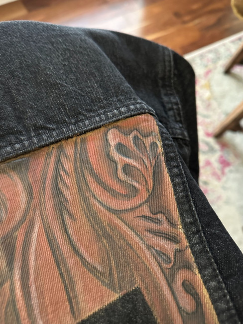 tooled leather look on men's custom painted denim jacket without shadows and aging by Traceys Fancy