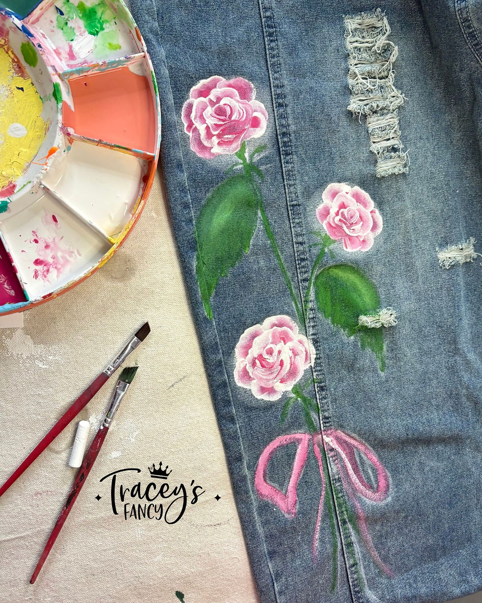 Shabby Rose Hand Painted Denim Overalls by Traceys Fancy