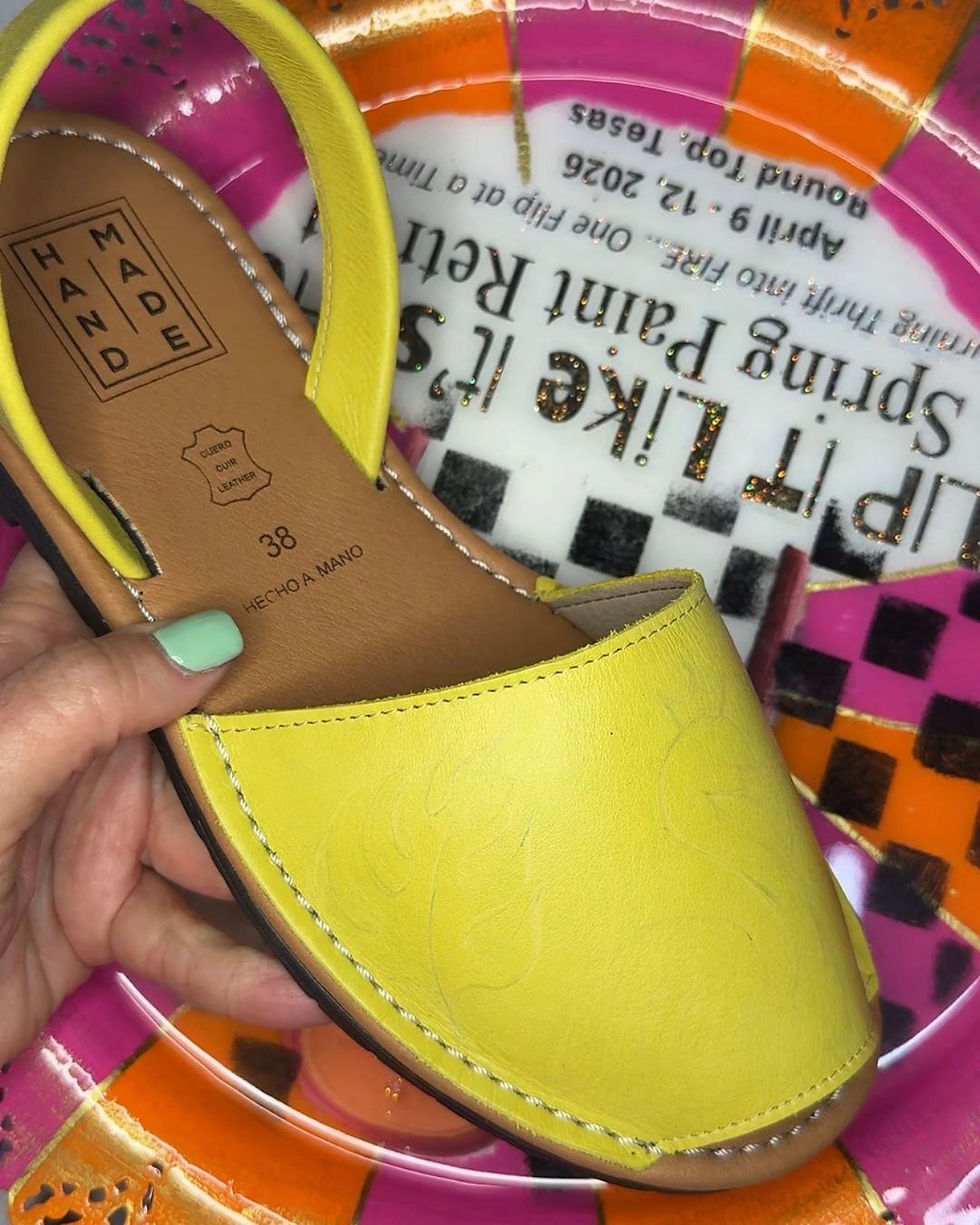 yellow tropical-themed painted leather shoes by Traceys Fancy first sketching design in pencil