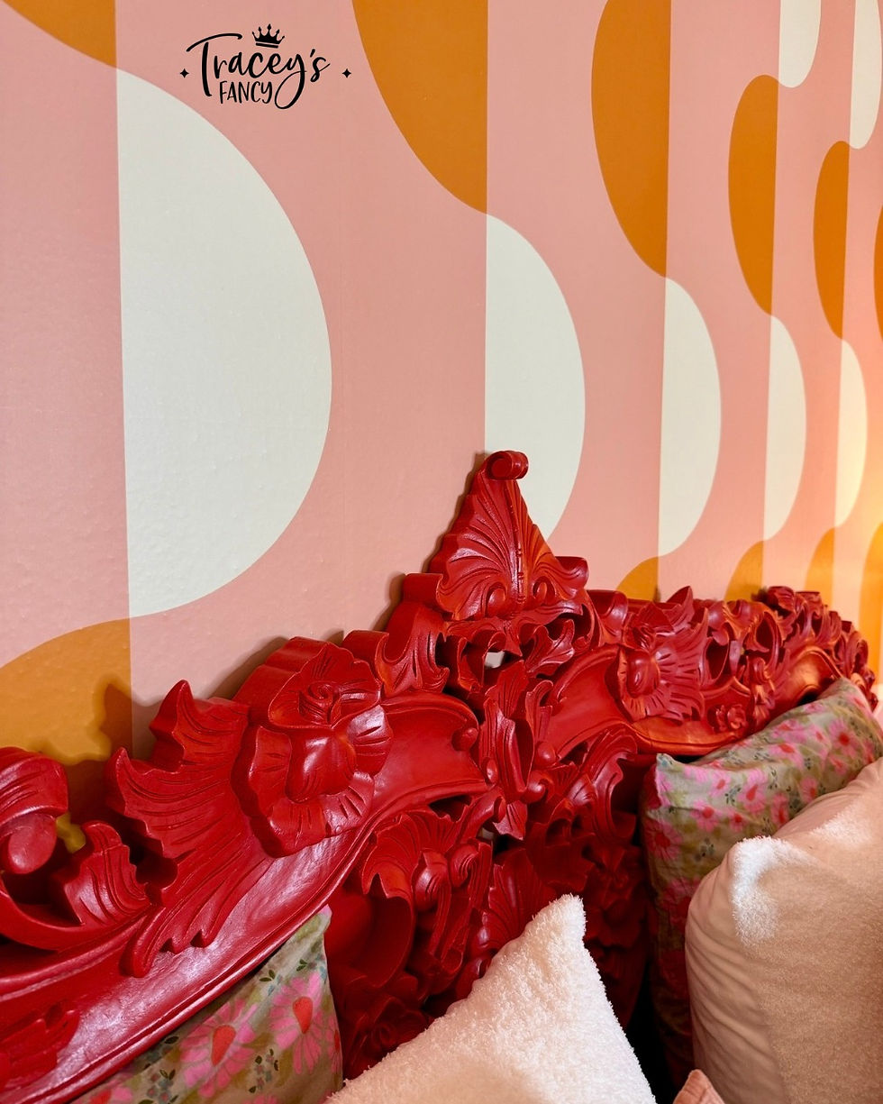 Bold Red Carved Painted Headboard in Retro Guest Room Makeover by Traceys Fancy