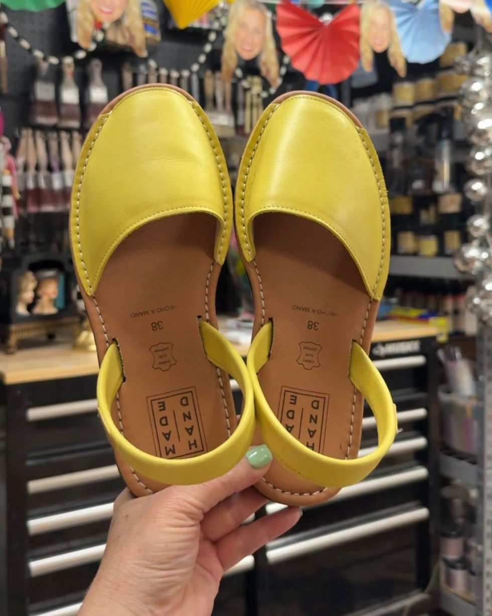 yellow tropical-themed painted leather shoes by Traceys Fancy before