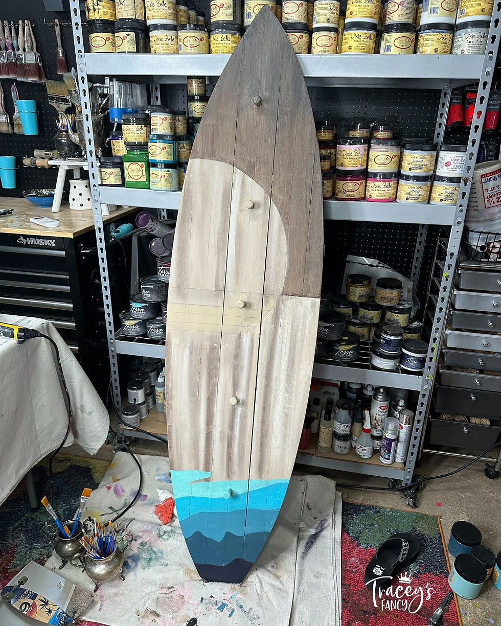 partially completed diy wooden surfboard decor