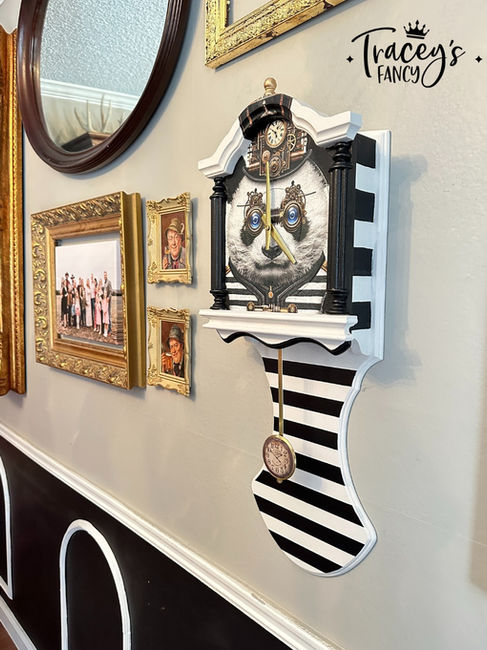 Thrifted Wall Clock Makeover with Striped Steam Punk Panda by Traceys Fancy