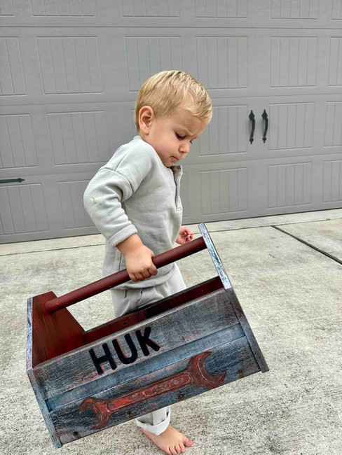 little boy with faux metal toolbox by Traceys Fancy