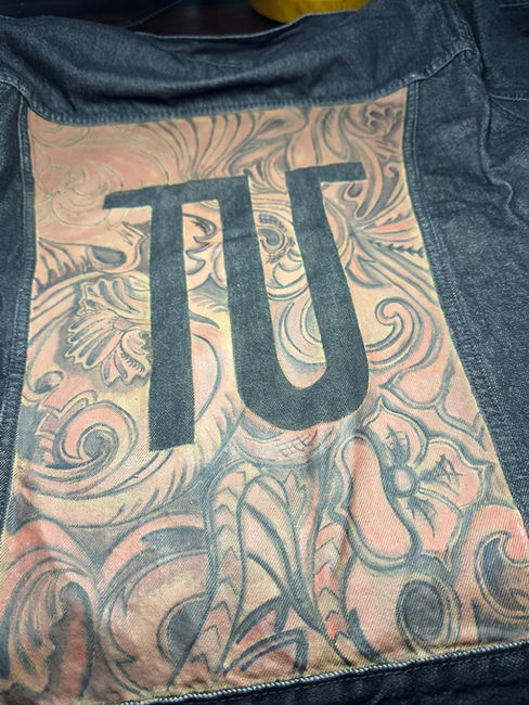 faux tooled leather on men's custom painted denim jacket by Traceys Fancy