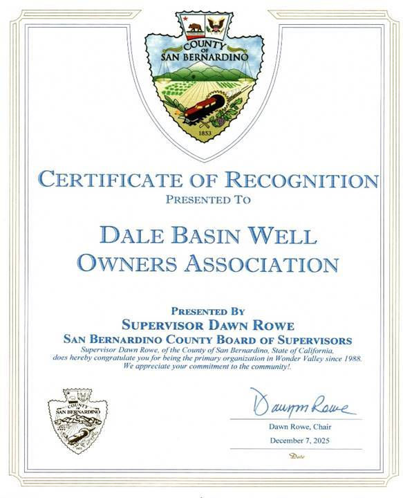 Dale Basin Well Owners Association Certificate of Recognition