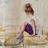 detailed image selected from a painting by Spanish Berta Solana of a young girl sitting on stairs wearing Converse sneakers