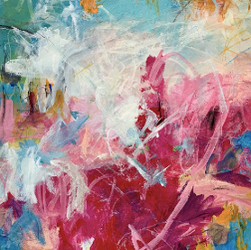 Painted abstract with warm reds, golds, blues, and white by Eileen Blyth