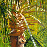 Colorful oil painting by Mary Segars of a bright ochre and green palmetto tree
