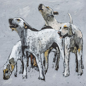 painting of a group of white hounds on a grey background by Carylon Cooper
