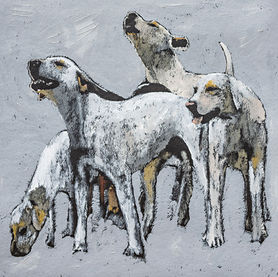 painting of a group of white hounds on a grey background by Carylon Cooper