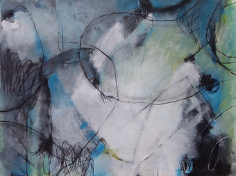 Dreamy abstract artwork in muted blue and green tones with thin, gestural black lines forming curved shapes.