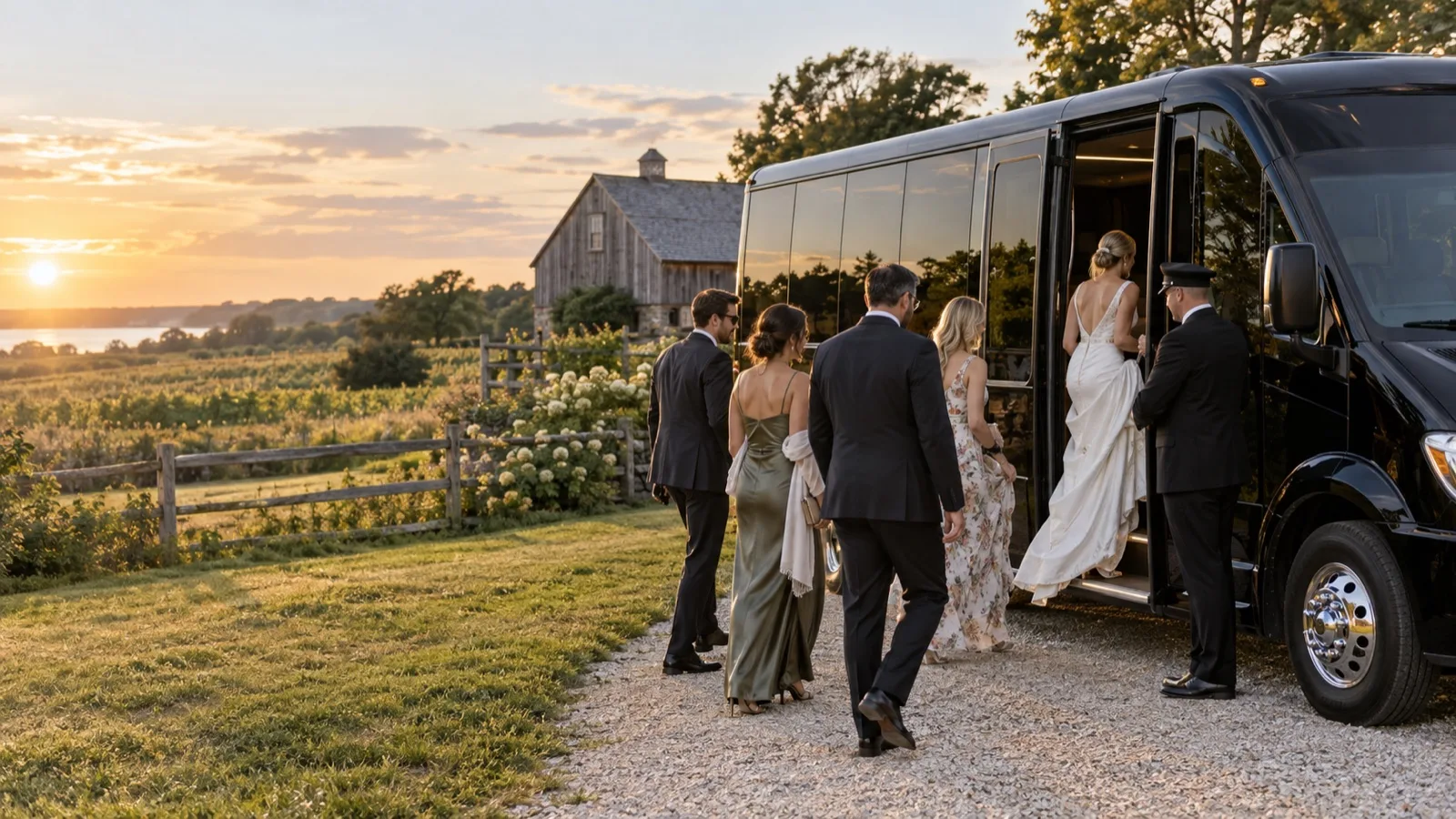 Elegant black wedding shuttle parked beside a historic North Fork farm landscape
