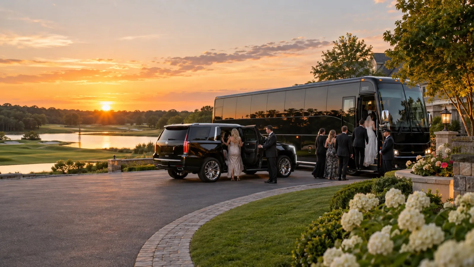 Black wedding coach and luxury SUV arriving at a Manorville golf-course venue