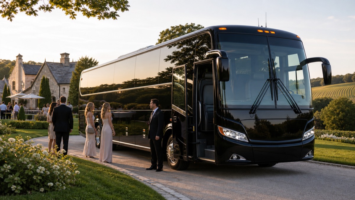 Coach bus guest shuttle for The Meadowlark wedding transportation in Cutchogue NY