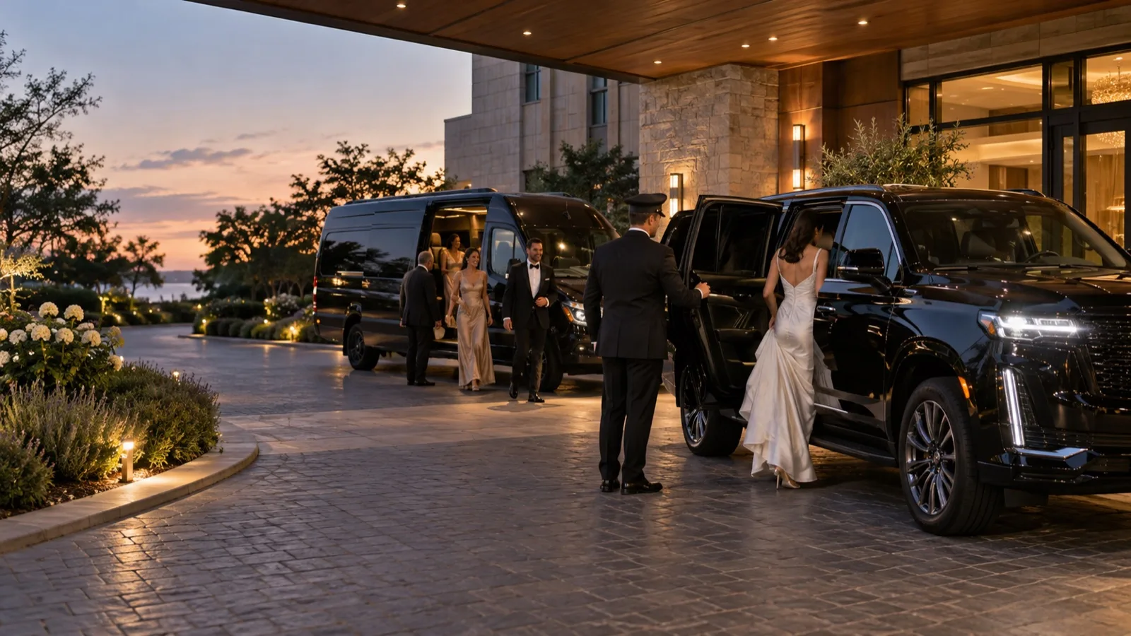 Black luxury wedding vehicles at a modern Riverhead hotel entrance in the evening