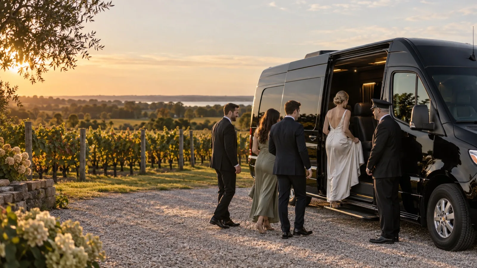 Luxury black guest shuttle beside North Fork vineyard rows near Riverhead