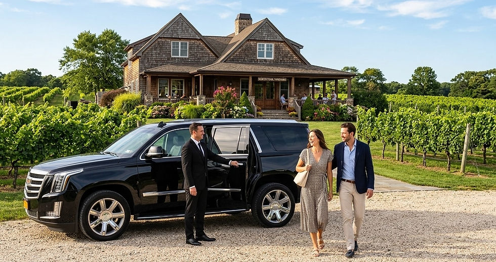Eye-level view of a luxury black limousine parked outside a vineyard estate
