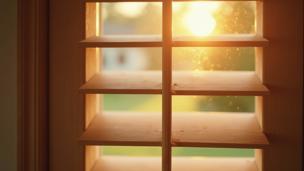 Close-up view of wooden plantation shutter slats partially open with sunlight streaming through