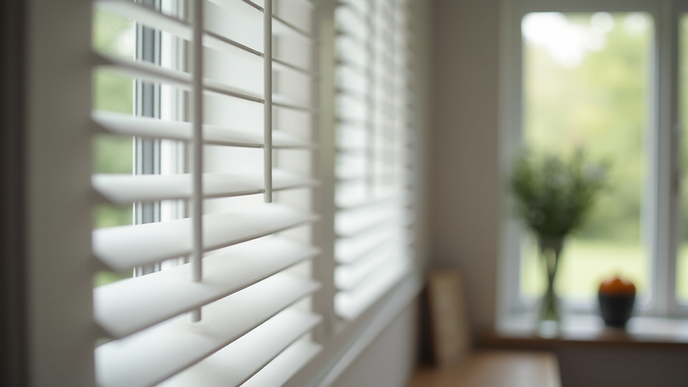 Close-up view of composite window shutter slats in a modern kitchen