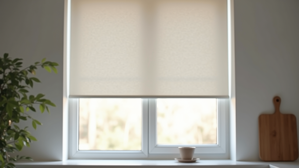 Close-up view of modern roller blinds in a kitchen window
