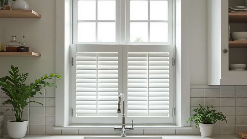 Eye-level view of white composite plantation shutters on a kitchen window