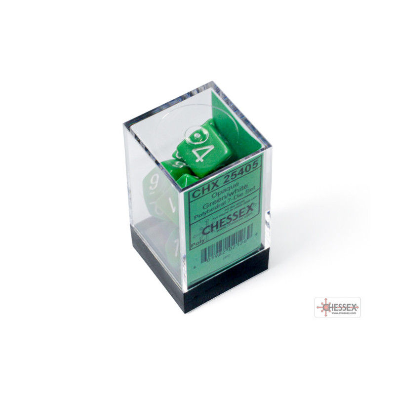Boite de sept dés de la marque Chessex, dés de couleur vert et blanc