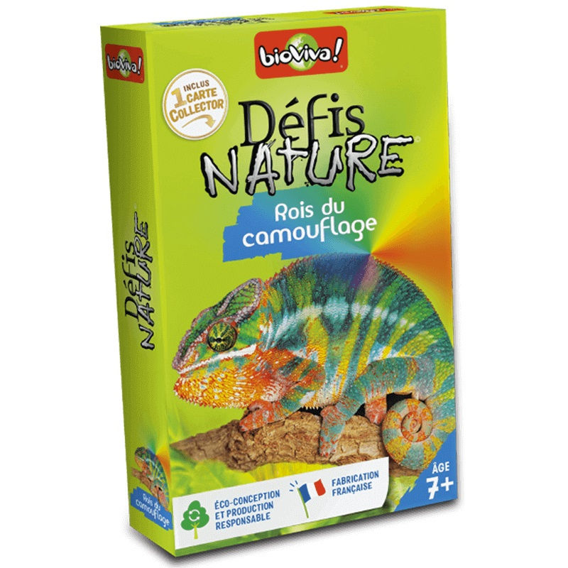 Face avant de la boîte du jeu de cartes "Défis Nature - Rois du camouflage"
