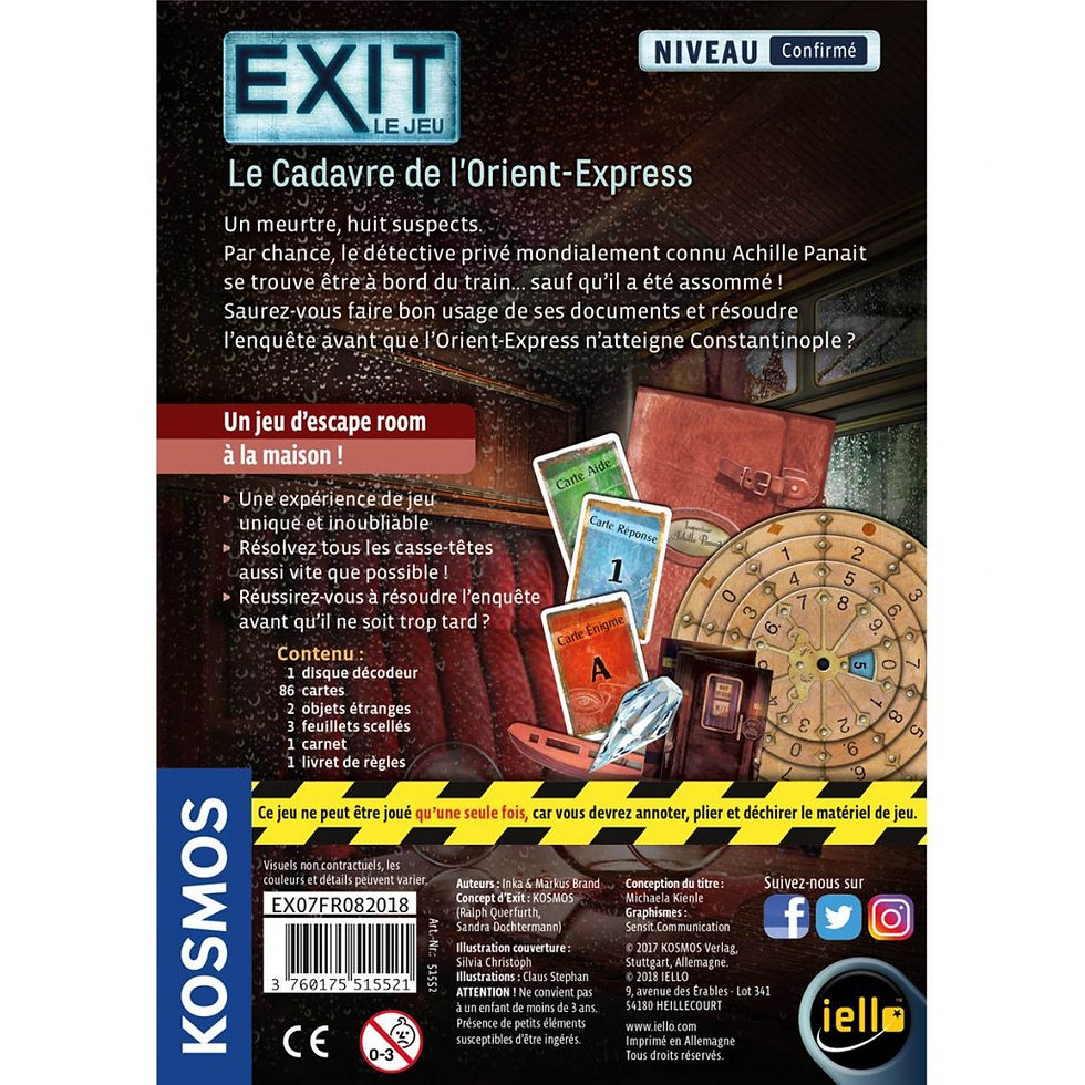 Face arrière de la boîte du jeu de société "EXIT - La Cadavre de l'Orient Express" donnant une description du jeu.