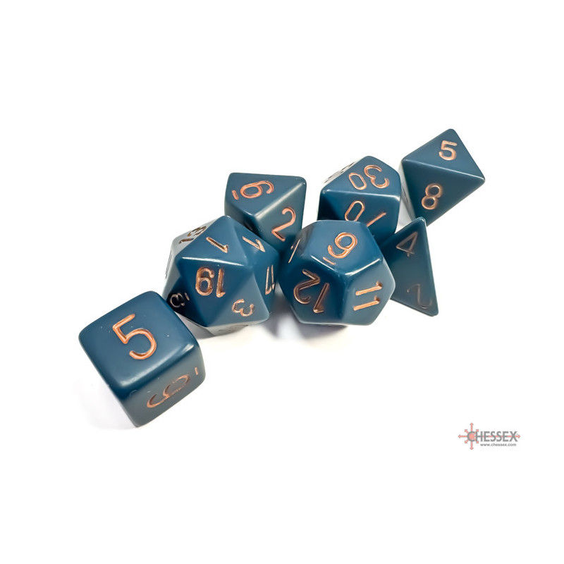 Boite de sept dés de la marque Chessex, dés de couleur bleu-gris et or