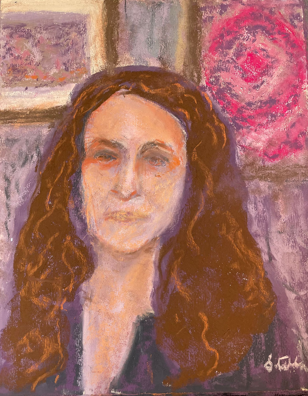 A pastel painting featuring a person with long, wavy brown hair and a neutral expression. The background is abstract, with a mix of purples and a prominent pink swirl on the right. The painting has a textured style. The facial features are somewhat out of focus.